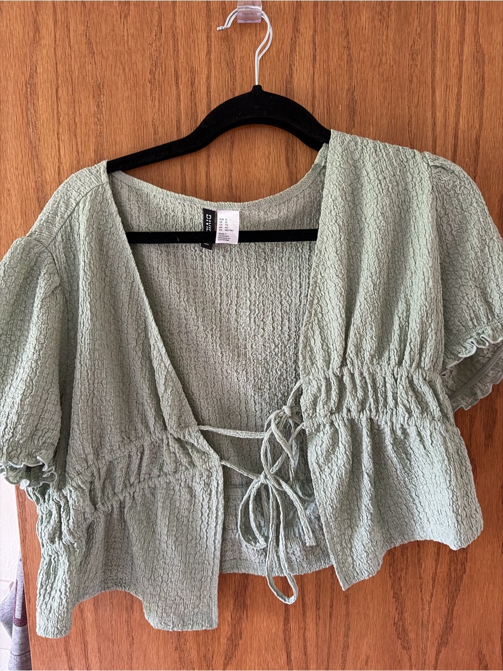 Cropped Sage Green Textured Tie-Front Top